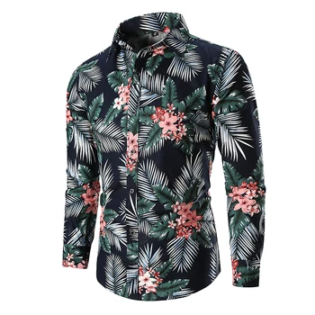 

Fashion Long Sleeve Leaf Print Hawaiian Shirt Men 2018 Autumn New Casual Mens Dress Shirts Nightclub Party Prom Shirt Tops Male