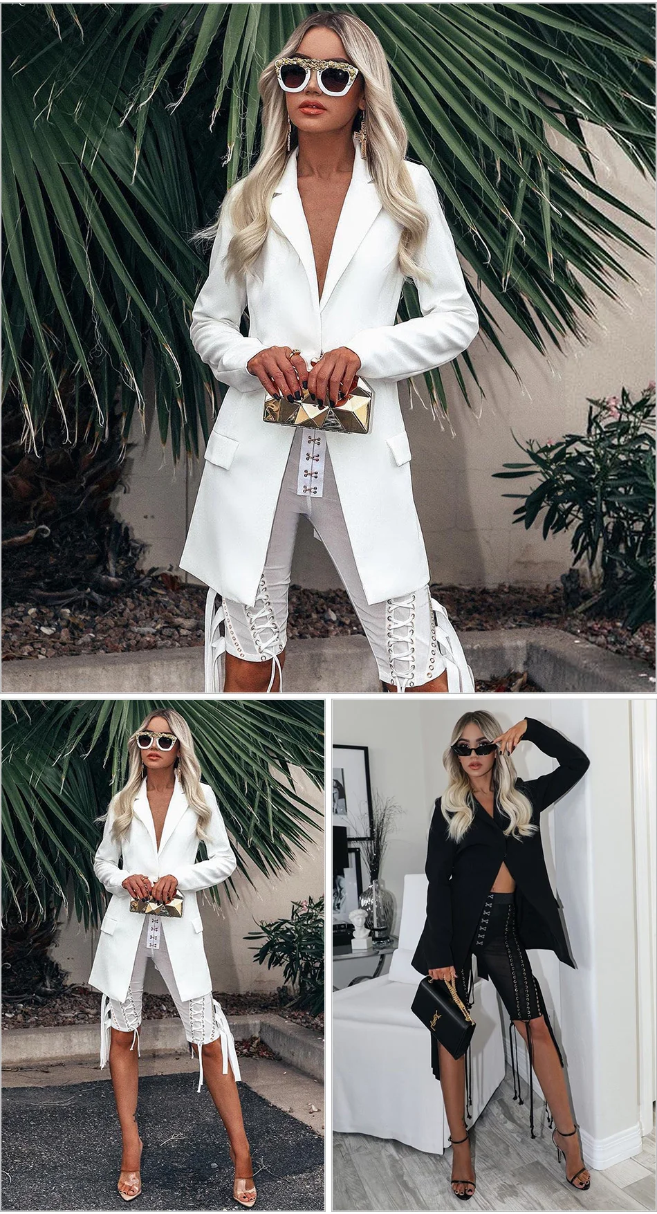 Womens 2 Piece Pants Set Outfit V Neck One Button Backless Blazer& Lace Up Mesh Eyelet Buckle Sexy Pants Cardi B Tracksuit