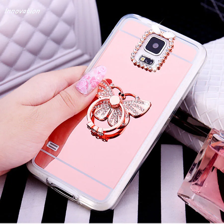 

Phone Case For Samsung Galaxy S8 Plus S6 edge S7 J3 J5 2017 J7 Cover Cute Soft TPU Mirror Plating Rhinestone Ring Stand Holder