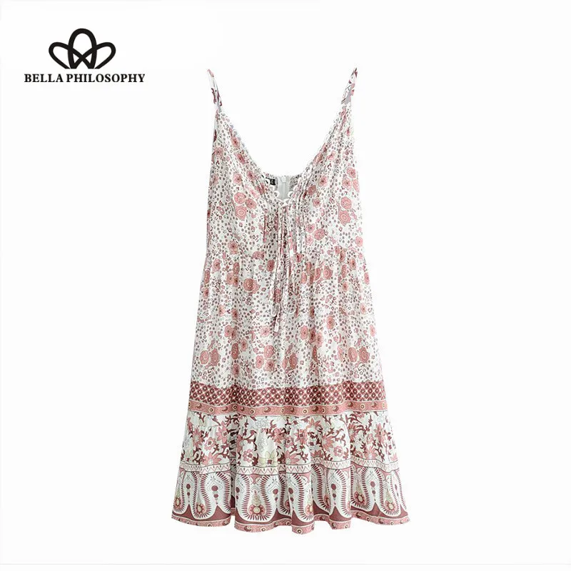 Wonder Boho Chic Vintage Floral Print Pleated Mini Strap Dress Backless Beach Summer Ladies Dresses Vestidos Mujer 2019 new
