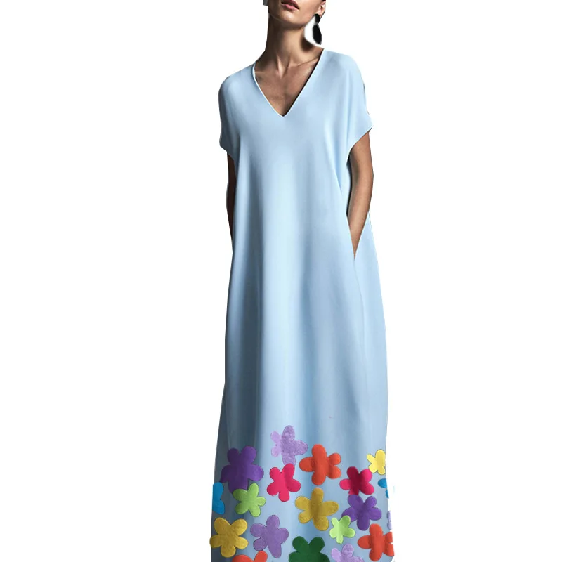 Lipswag 2XL цветочный принт о-образный вырез Макси платье женское летнее Повседневное платье Бохо без рукавов Элегантные цветы Femme пляжное платье Vestidos - Цвет: 02 Light Blue