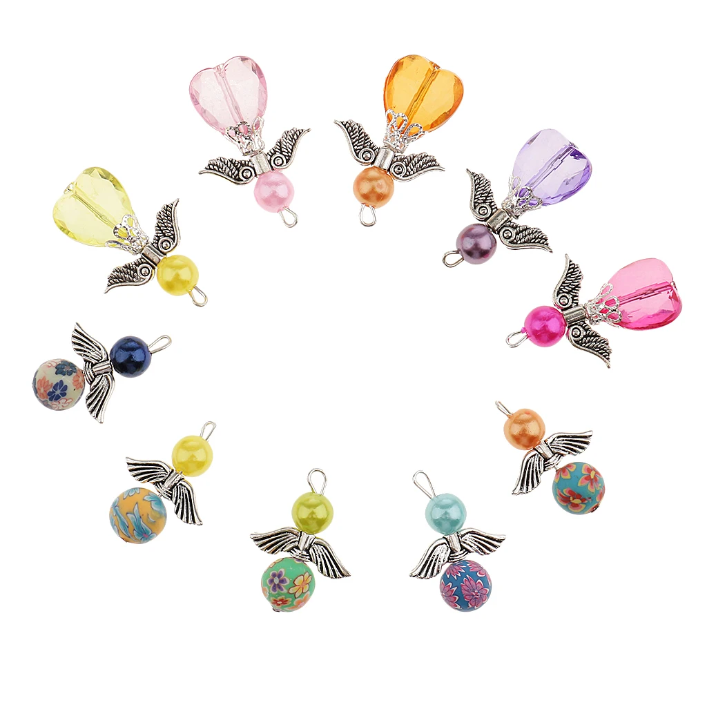 10pcs Mixed Angel Charms Pendants Faceted Acrylic Heart Beads Clay Beads Wings Alloy Wings fit Necklace Earring Bracelet Crafts