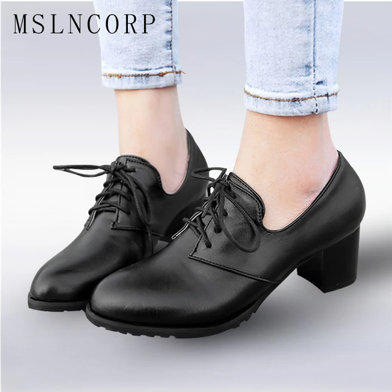

Plus Size 34-51 fashion Lace Up Womens Shoes Thick high heels Retro Ladies Footwear Punk Motorcycle Female Pumps Casual Shoes