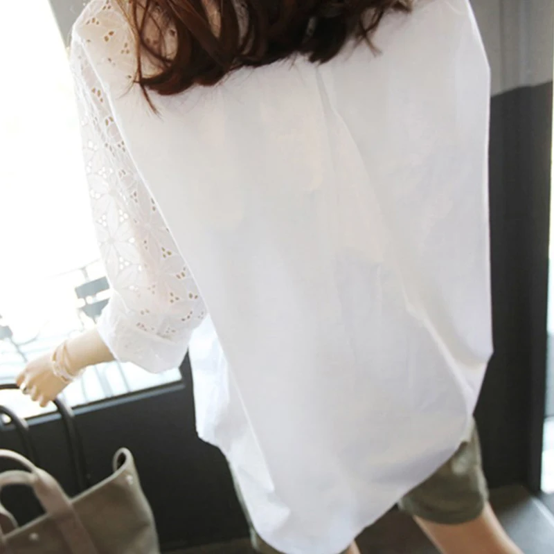 Kopen Kantoor Wit Womens Tops En Blouses Tunieken Plus Size 4xl 5xl vrouwen Blouse Work Shirt Hollow out 9 10 Mouwen blusas Femininas