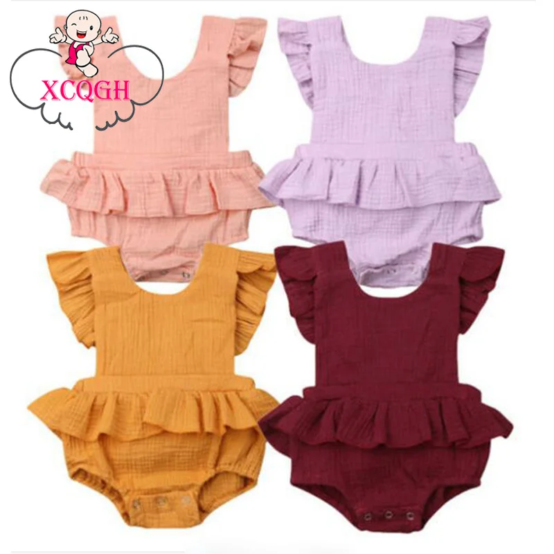 

XCQGH Newborn Bodysuit Summer New Cotton And Linen Children's Fart Ruffled Sleeve Baby Clothes Jumpsuit Strap