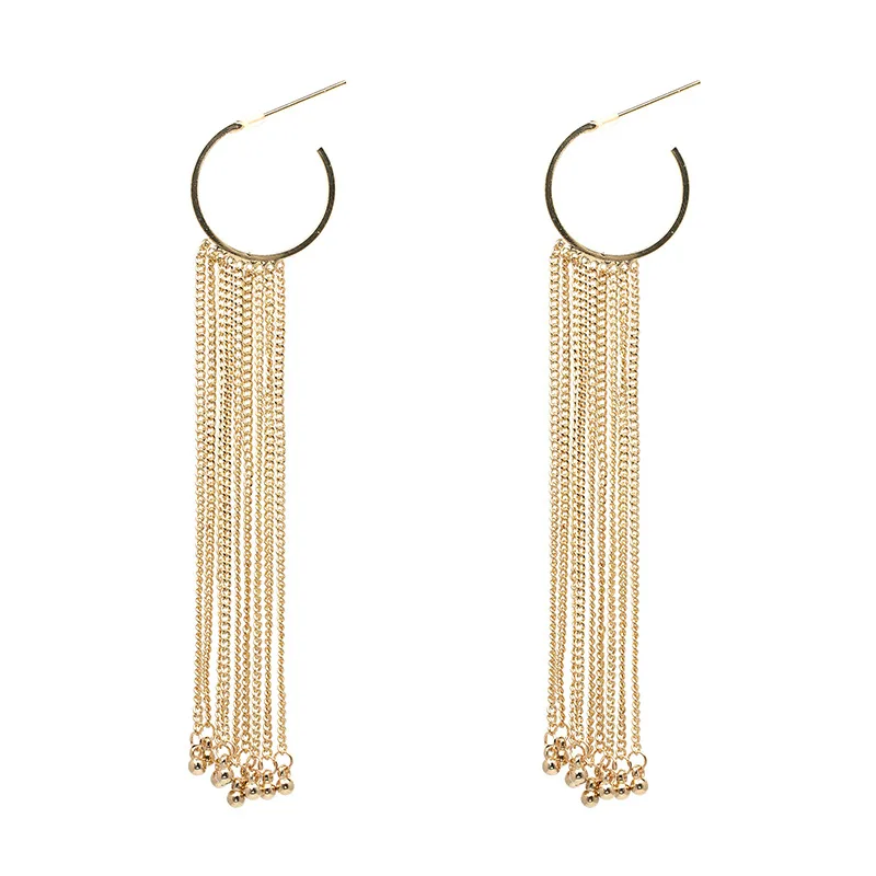 

Trendy Chic Gold Silver Black Color Metal Snake Chain With End Bead Charm Waterfall Extra Long Drop Dangle Earring For Women