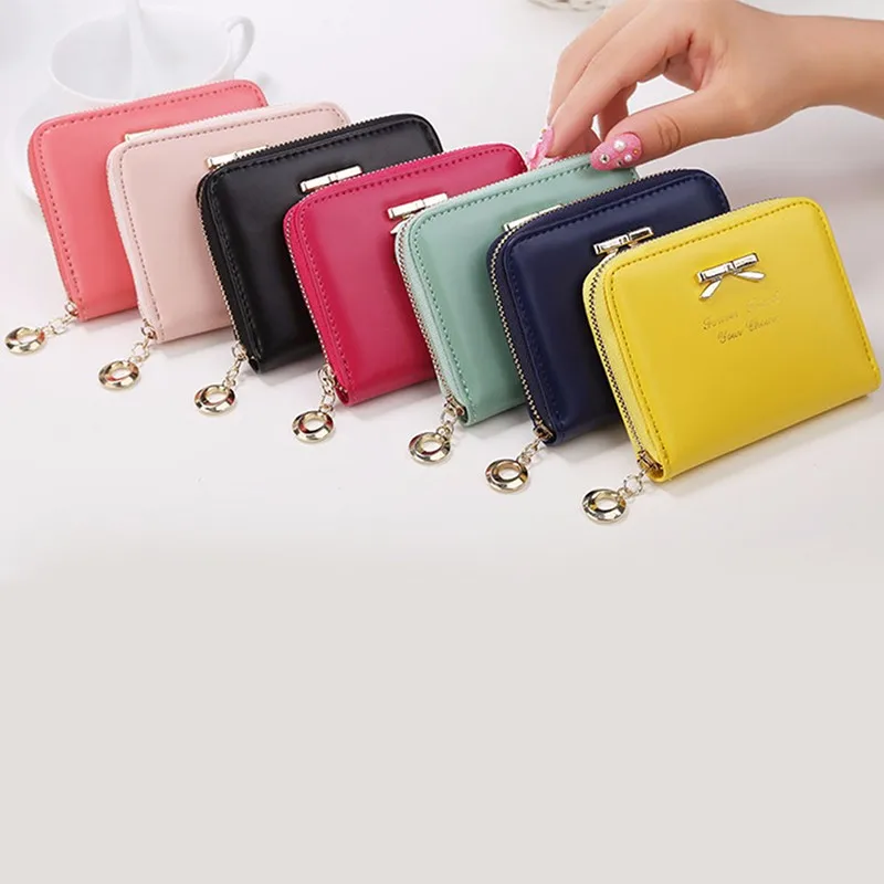 

School Card Carrying Bag Women Girl Zipper Leather Purse Wallet Money Card Holder Coin Storage Bags Ladies Bow Knot Pendant