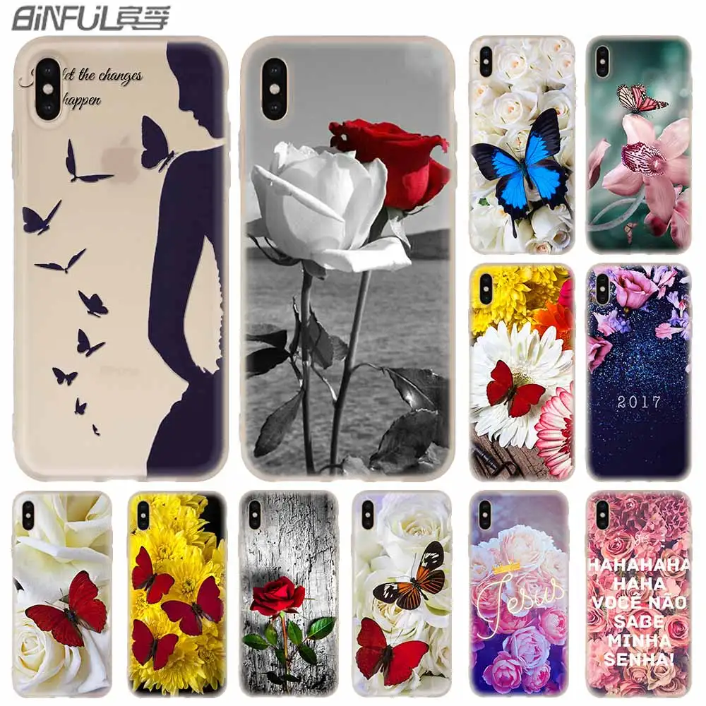 Romantic Silicone Soft Case For iPhone 13 12 11 Pro X XS Max XR 6 6S 7 8 Plus Mini SE 2020 Red butterfly on white roses flower | Мобильные