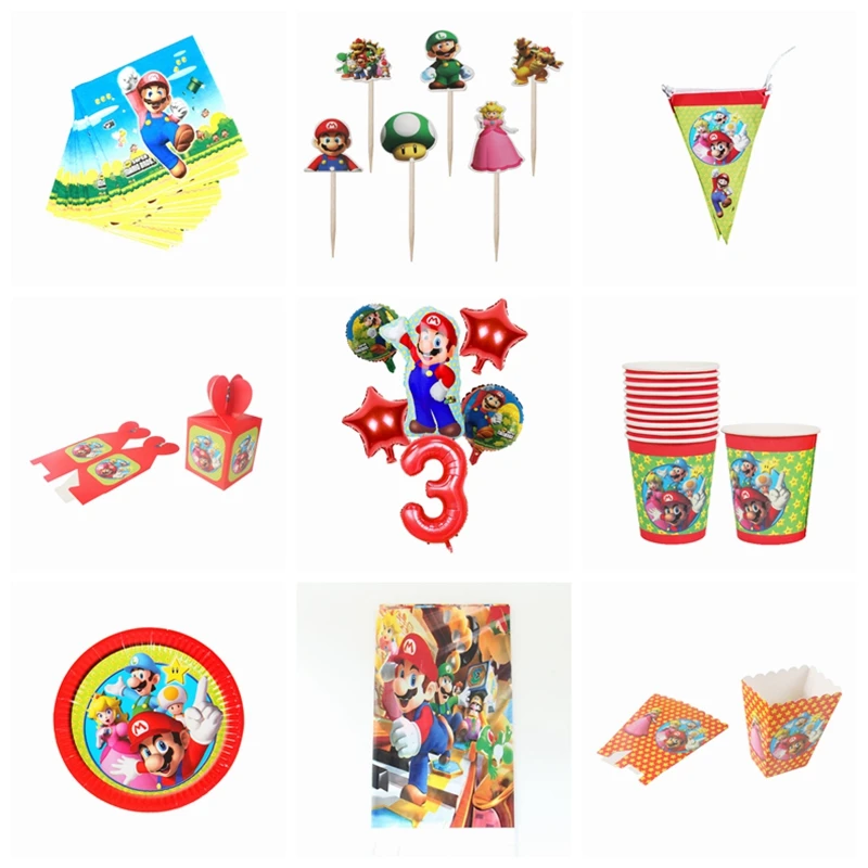 

Super Mario theme disposable plates cups napkins Mario Bros themed party decorations candy boxes blowouts banners kid birthday