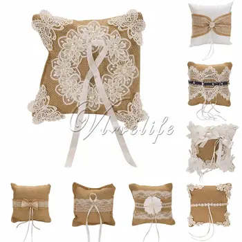 

20 x 20cm Vintage Wedding Ring Pillow Jute Natural Burlap Lace Ring Bearer Pillow Cushion Holder for Wedding Accessories