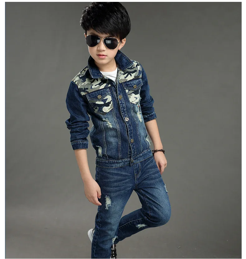 Детская одежда, джинсовый костюм для мальчиков, новая Корейская версия весенне-осенней детской куртки+ штанов, 2 комплекта, 5-13 лет