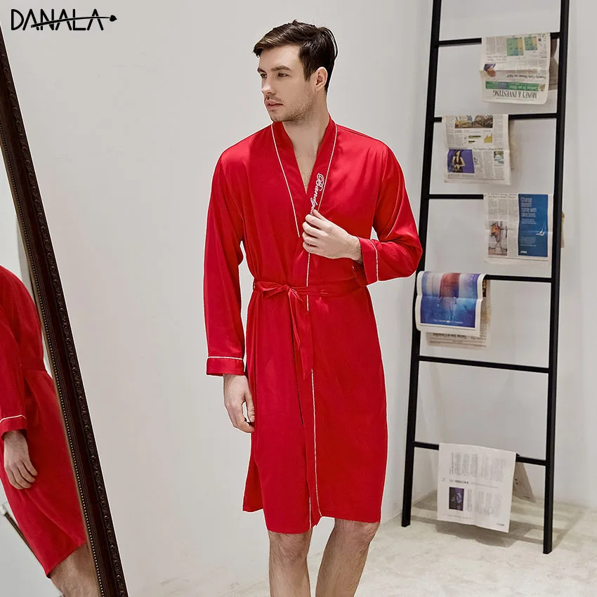 DANALA Шелковый Атласный мужской халат для сна однотонный освежающий Vogue простой длинный мужской ночной халат домашняя одежда для мужчин синего цвета - Цвет: Robe-RD1
