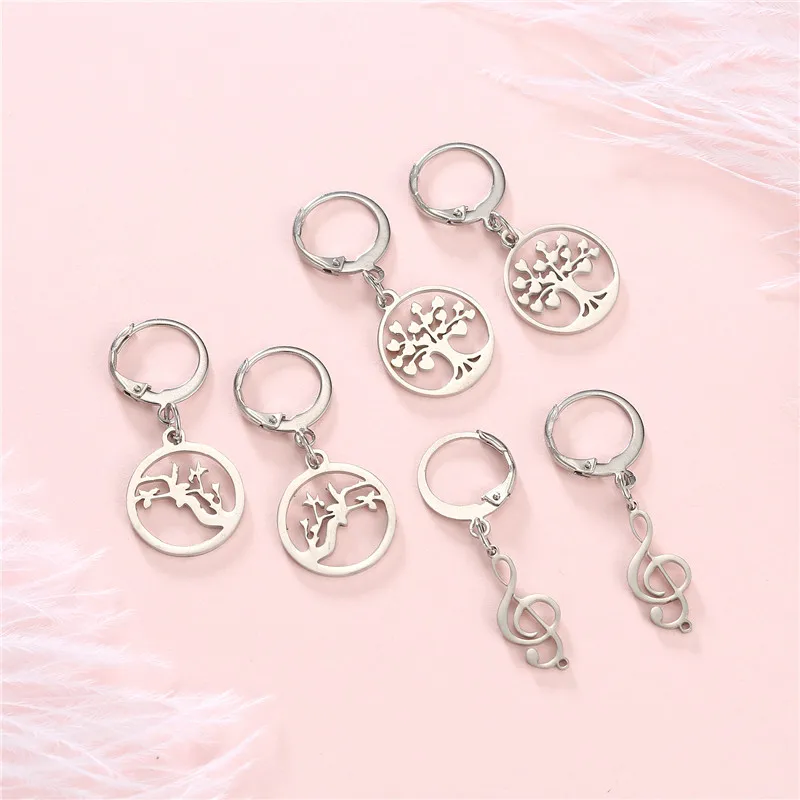 

1pair Unique Hollow Life Tree Pendant Hoop Earrings Women Fashion Silver Color Music Note Endless Circle Earrings Jewelry E104