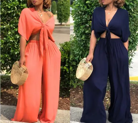 2018 summer hot 2-pieces solid 5-colors long jumpsuits women short sleeve V-neck jumpsuits hollow out loose jumpsuits A7003