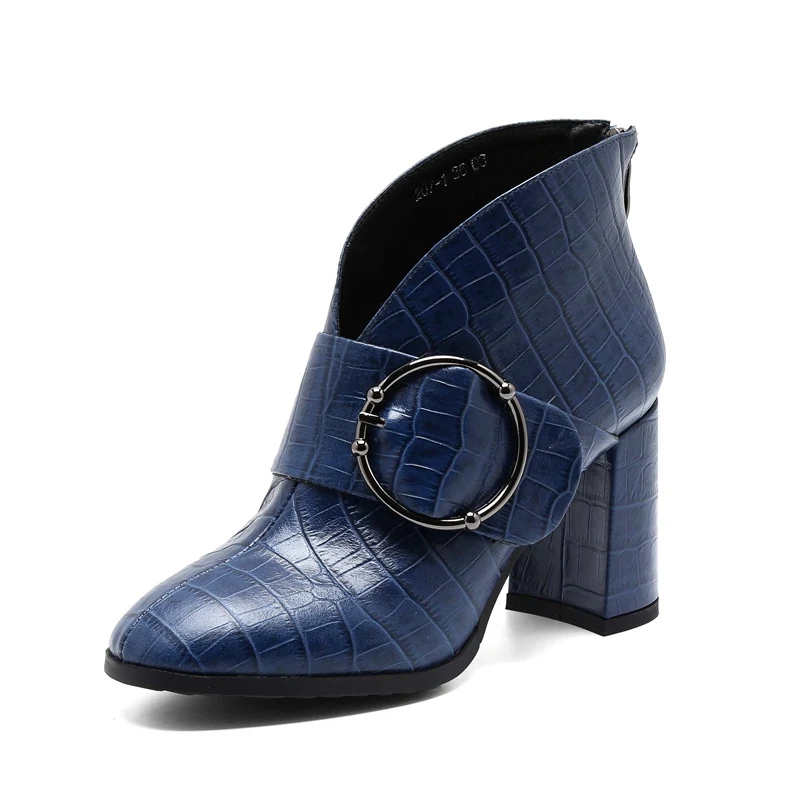 Женские ботильоны на высоком каблуке из коровьей кожи с круглым носком в стиле суперзвезды; модные ботинки с металлическим украшением; теплая зимняя обувь на молнии для деловой женщины; L7f1 - Цвет: Синий