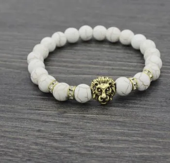 

8mm tjm32 silver gold copper lion Reiki Chakra Bracelet elastic white Howlite turquoise Buddha Yoga Charm stone bead Bangles