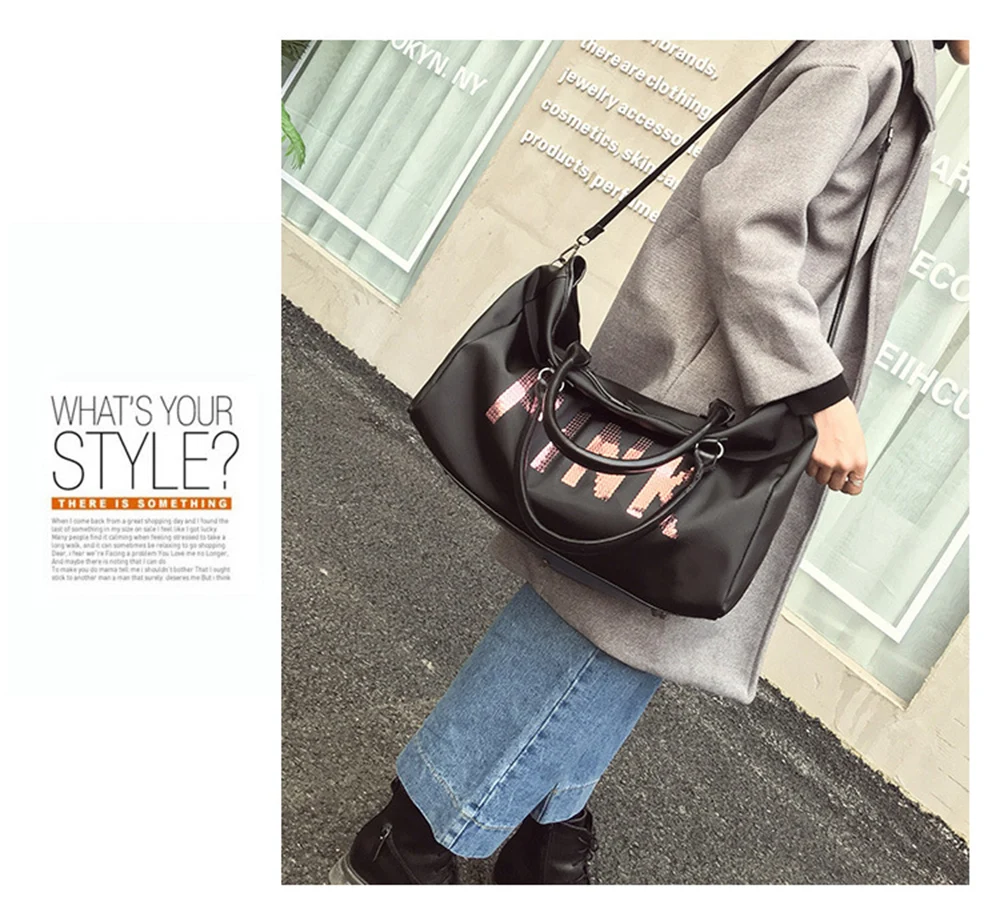 2019 Wobag Ladies Black Travel Bag Pink Sequins Shoulder Bag Women Handbag Ladies Weekend Portable Duffel Bag Waterproof Wash13