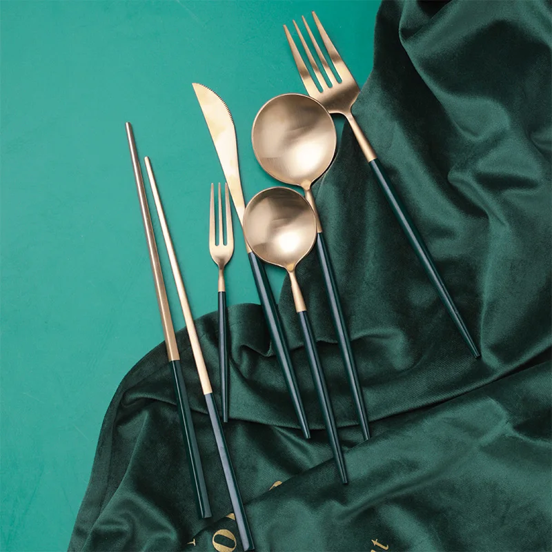 

304 Stainless Steel Green Gold Western Tableware Home Steak Knife And Fork Spoon Soup Spoon Fruit Fork
