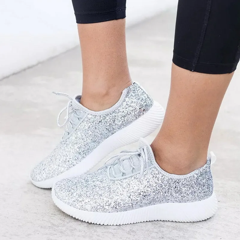 

WENYUJH Fashion Women Vulcanized Shoes Glitter Sneakers Summer Bling Sneakers Lace-up Sparkly Shoes For Women Casual Shoes Tenis