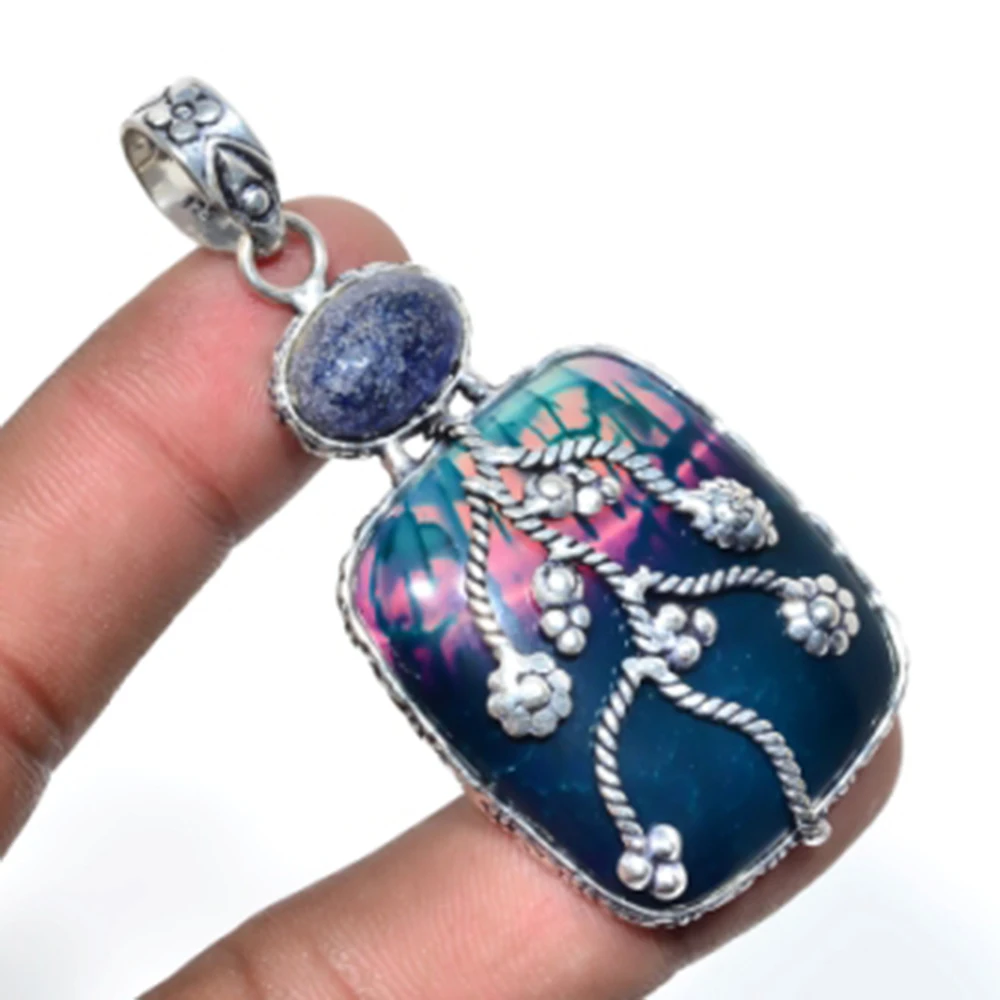 

Agates,Lapis Lazuli Pendant Silver Overlay over Copper , 68mm, P6205