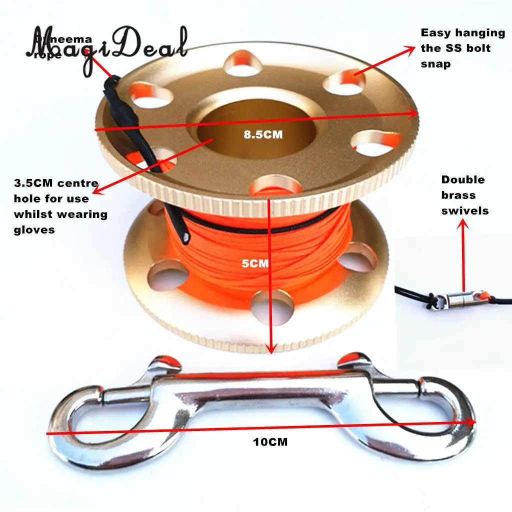 MagiDeal Professional Aluminum Alloy Finger Spool Reel & 30m Line Double End Bolt Snap for Underwater Scuba Diving Applications