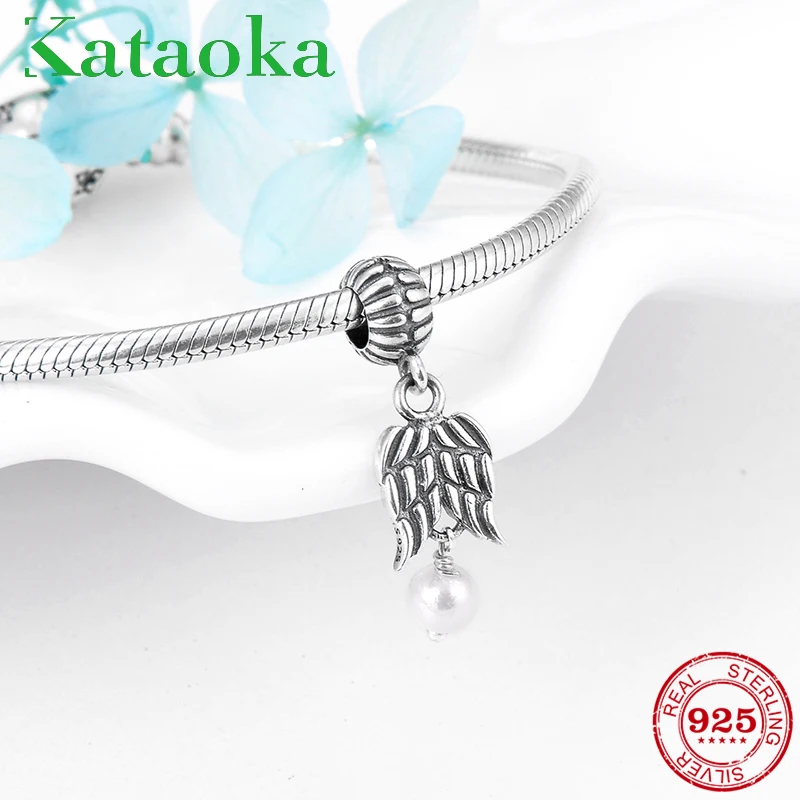 

High quality 925 Sterling Silver fashion angel wings Pearl Fine Pendants Fit Original Pandora Charm Bracelet Jewelry making