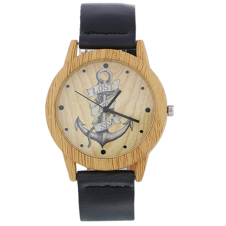 

Factory Wholesale Anchor Wooden Wristwatch For Men's Fashion Watch Gifts With Cowhide Leather Watchband Women Casual Wood Watch