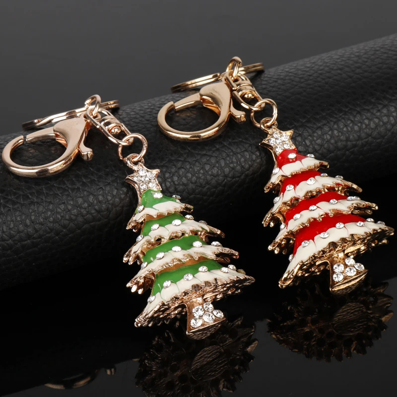 

MQCHUN 2017 Fashion Christmas Tree Rhinestone Keychains Keyrings Enamel Green Red Tree Bag Pendant Key Chain Xmas Gift Accessory