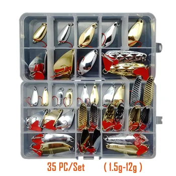 

35 PCs/Lot Metal Spoon Lure Fishing Set 1.5g-12g Mixed Size Treble Hook Hard Bait Bass Trout Squid Jig Accesssories+Tackle Box