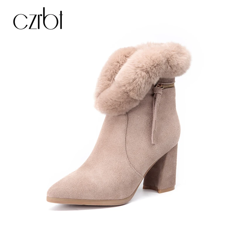 

CZRBT Women Boots Autumn Winter Cow Suede Real Fur Ankle Boots Fashion Women Pointed Toe Square Heel Zipper Boots Apeicot Black