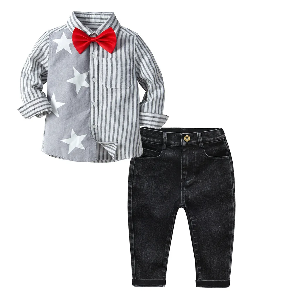 Комплект одежды для маленьких мальчиков от 2 до 7 лет, костюм из 3 предметов в полоску с бантом и звездами Осенняя рубашка с длинными рукавами г. комплект из черных джинсов для детей