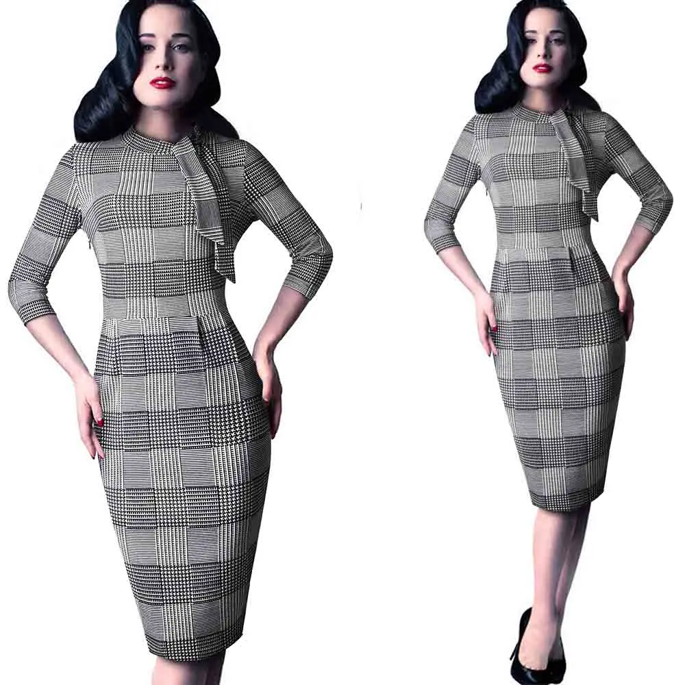 Vintage Women Elegant 1950s Retro Rockabilly Front Tie Party Formal Business Work Bodycon Sheath Pencil Dress EB528