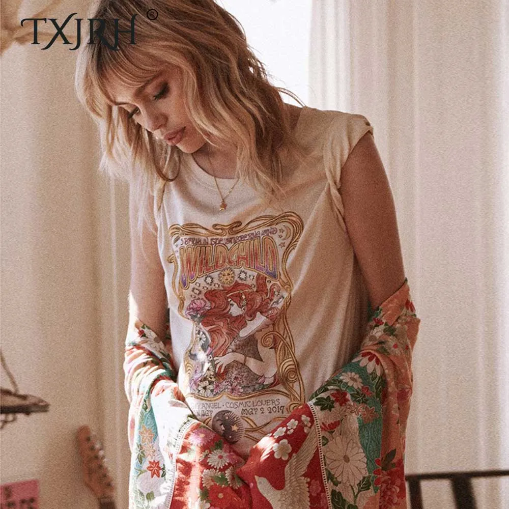 

TXJRH Boho Gypsy Girl WILD CHILD Print Short Sleeve T-Shirt Cotton Apricot O-Neck Pullover Bohemian Woman Tee Tops Female 2019
