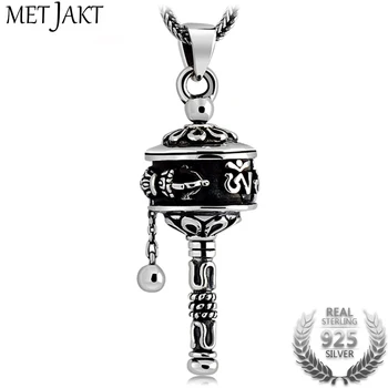 

MetJakt Buddhist Cylinder Pendant Necklace Solid 925 Sterling Silver Bring Lucky Pendant Necklace Pendant for Vintage Jewelry