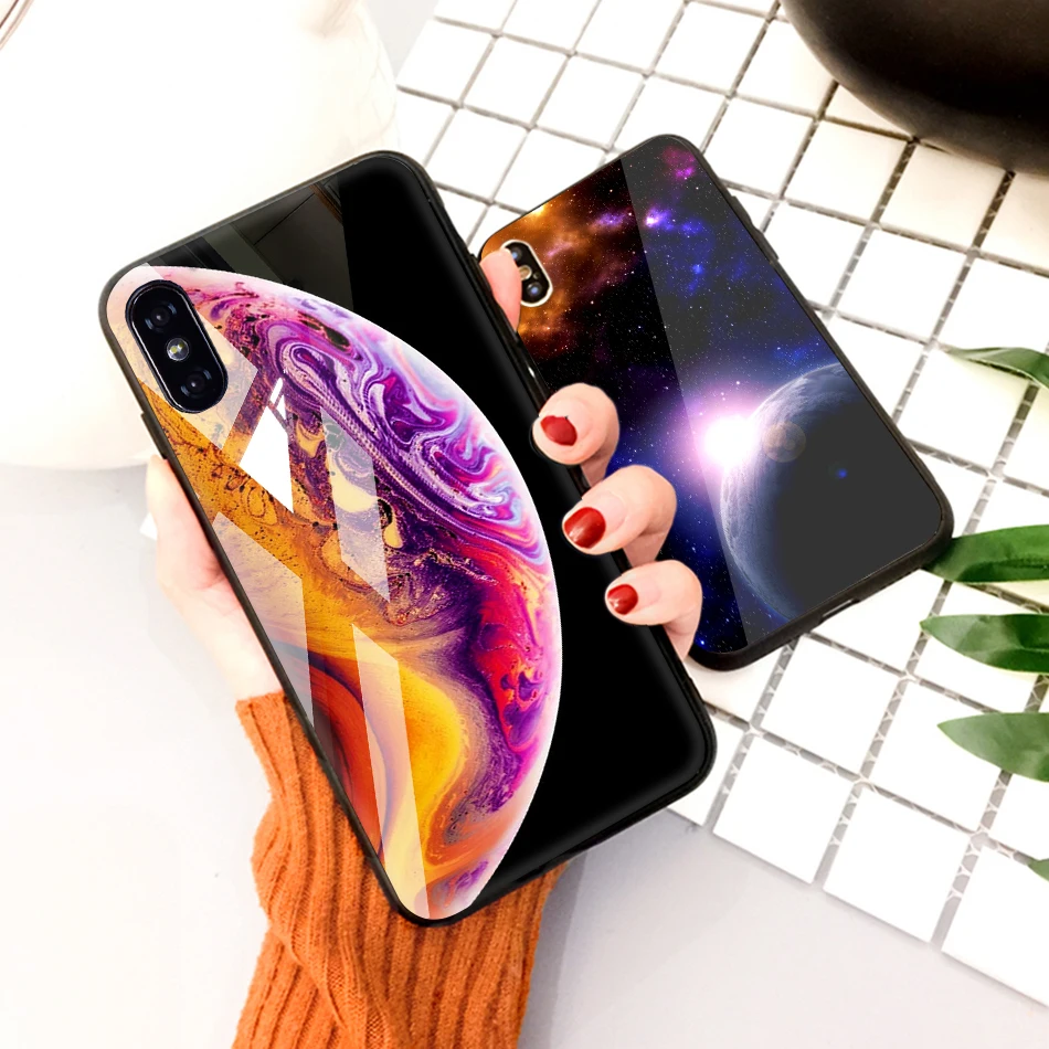 TOMKAS Tempered Glass Case For iPhone XS Max XR XS Silicone Stars Space Cover Phone Case For iPhone X 10 XS XR Luxury Cases TPU  (18)
