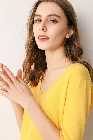 Весенне-летние женские свитера и пуловеры с v-образным вырезом и коротким рукавом, вязаный кашемировый свитер, тонкие повседневные топы, джемпер - Цвет: Yellow-VL 5FX