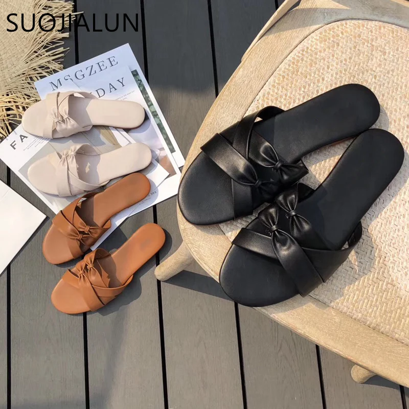 SUOJIALUN/2019 г. модные брендовые женские шлепанцы на плоской подошве без застежек