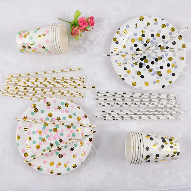 

45pcs Point Paper Plates Cups Straws Happy Birthday Christmas Children 's Baby Anniversary Party Decoration Supplies Baby Shower