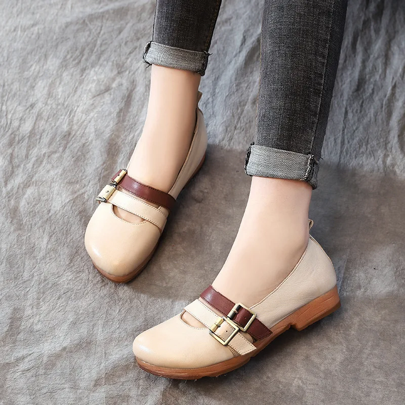 

Women Loafers Beige Casual Leather Shoes Spring Buckle Style 2019 Handmade Genuine Leather Women Flats Slip On Low Heels Shoes