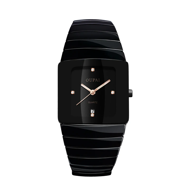 OUPAI классические черные Tonneau керамические часы Новая мода Squre кварцевые часы мужские водонепроницаемые с календарем светящиеся черные спортивные часы