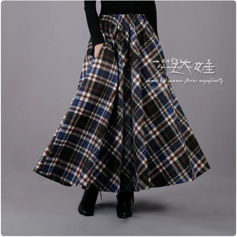 Kopen 2017 Lente Winter Vrouwen Lange Rok Blauw Zwart Plaid Rok vrouwen elastische Taille Retro Wol Rok Casual Maxi Rok Saia XL XXL
