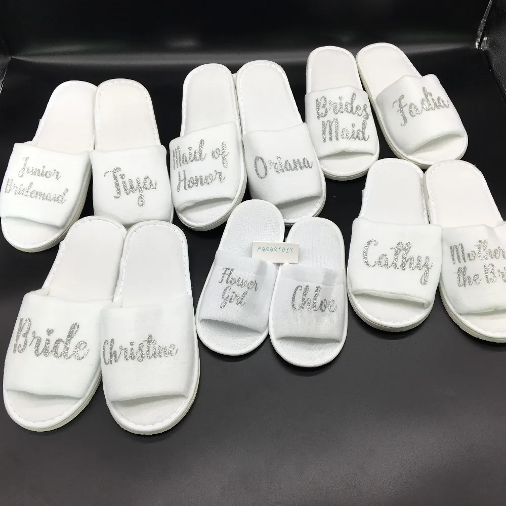 

personalize silver glitter wedding bridesmaid bride spa slippers Matron of honor Flower Girl night Bachelorette party favors