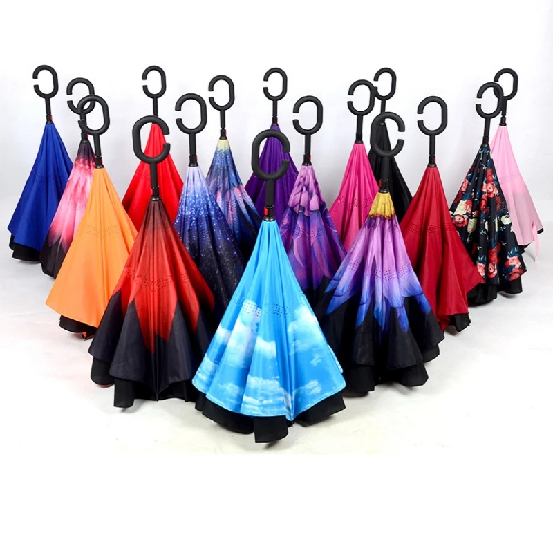 coupe-vent pliable ensoleill/é pluvieux amphibie Creative long parapluie Voyage inverse Parapluie NO1 C-Shaped poign/ée Double Inverted Umbrella