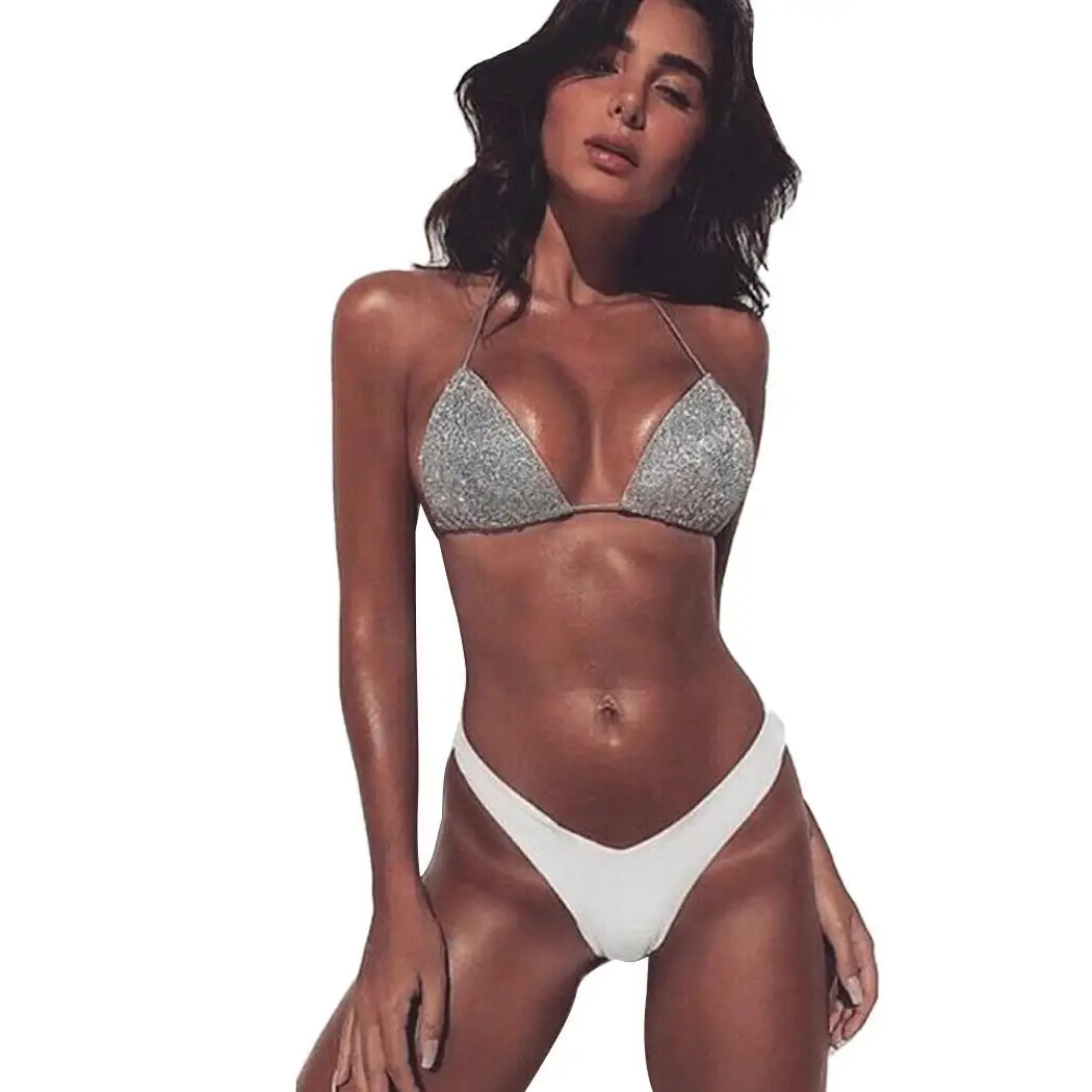

2PCS Women Fashion Halter V Neck Sexy None Low Waist Bikini Set Glitter Swimwear Suit Sleeveless Solid