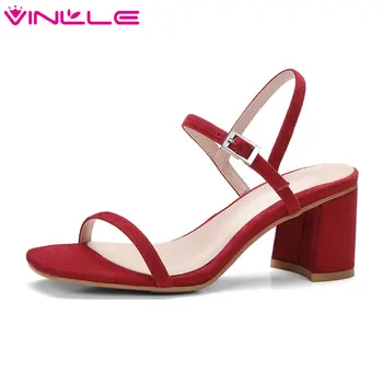 

VINLLE 2020 Women Sandals Orange Summer Party Sandals Square High Heel Genuine Leather Shoes Woman Wedding Shoes Size 34-39