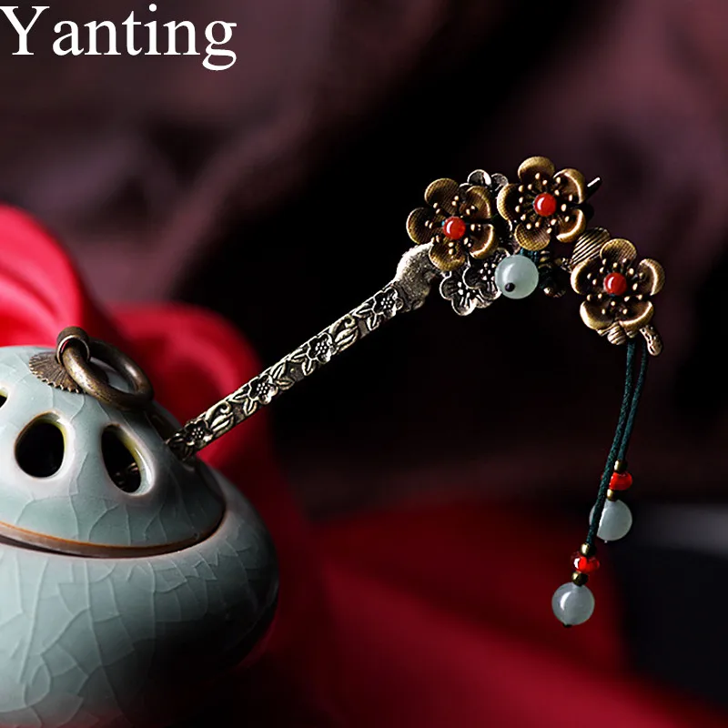 

Yanting Ethnic Hairpin Hair Sticks For Women Zinc Alloy Stick Copper Flower Charms Aventurine Hair Jewelry Vintage Handmade 019