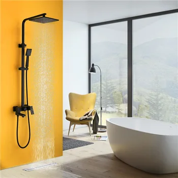 

High Pressure Black square paint shower shower set three function Shower head with sparyer wall mount Shower System YU11H
