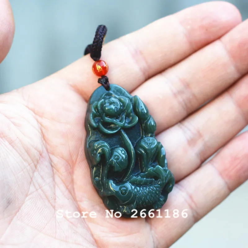 

Certificate Natural Green Jades Pendant Carved Lotus and Fish Lucky Pendant Necklace Gift for Women's Fashion Jewelry Free Rope