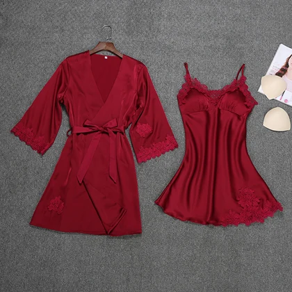 Женский пикантный Шелковый Атласный вечерний комплект с платьем кружевной халат, модный халат+ ночная рубашка, 2 предмета, летняя одежда для сна для женщин - Цвет: wine red