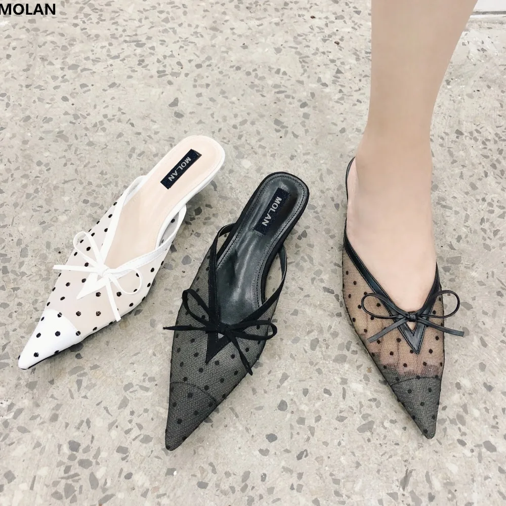 

MOLAN Brand Designers 2018 Summer Air Mesh Wave Point Point Toe Woman Shoes Sweet Butterfly-knot Med Thin Heels Slipper Loafers